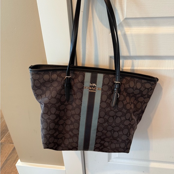 Coach Signature Brown and Black Tote with Leather Trim - Picture 1 of 7